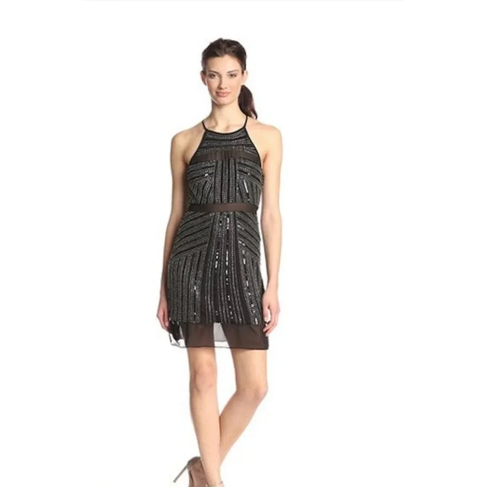 Parker Taha Silk Sequin Dress Halter Neck Sleeveless Party Cocktail Black - Picture 2 of 13